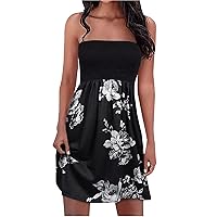 Strapless Wrap Dresses for Women 2024 Summer Smocked Cute Floral Tube Top Mini Dress Sexy Casual Party Bandeau Dress