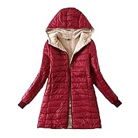 Women's 2023 Winter Long Hooded Quilted Lightweight Jackets Zip Up Long Sleeve Sherpa Lined Casual Solid Warm Coats