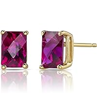 Peora Created Ruby Earrings for Women in 14 Karat Yellow Gold, Classic Solitaire Studs, 7x5mm Radiant Cut, 2.50 Carats total, Friction Back