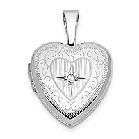 14k White Gold 12mm With .01ct. Diamond Star Love Heart Photo Locket Pendant Necklace Jewelry for Women