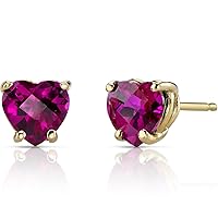 Peora Created Ruby Heart Stud Earrings for Women in 14 Karat Yellow Gold, Classic Solitaire Studs, 6mm, 2 Carats total, Friction Back