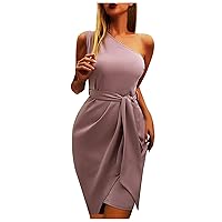 Sexy Evening Dresses for Women Solid Color One Shoulder Summer Dresses Waist Tie Irregular Slim Elegant Dresses