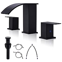 Black Waterfall Bathroom Faucet 3 Holes - 8Inch Widespread Bathroom Sink Faucet | Two Handles Lavatory Vanity Sink Faucets with Pop-up Drain Assembly & Supply Lines Matte Black