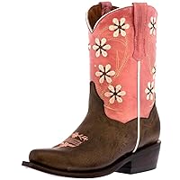 Kids Pink Western Cowboy Boots Flower Embroidered Leather Snip Toe