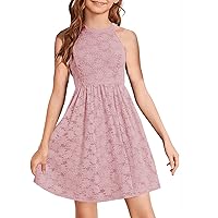 HOSIKA Girls Halter Neck Sleeveless Elegant Floral Lace A-line Flared Swing Party Dress for 6-12 Years Kid