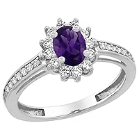 PIERA 14K White Gold Natural Amethyst Flower Halo Ring Oval 6x4mm Diamond Accents, sizes 5-10