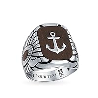 Personalize Mens Nautical Black Onyx Gemstone Or Etched Brown Wood Inset Large Boat Anchor Signet Ring For Men Solid .925 Sterling Silver Made In Turkey