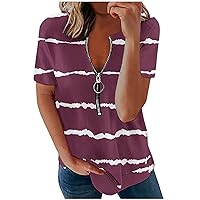 Womens Striped Printed T-Shirts Graphic Tops Half Zipper V Neck Loose Fit Pullover Casual Classy Shirt Blouse