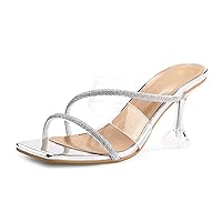 mysoft Women's Clear Heeled Sandals Square Toe Transparent Stiletto Mules Open Toe Slip on Dress Shoes