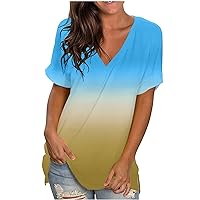 Women's 2024 Summer Tunic Tops Fashion Gradient Printed V-Neck Short Sleeve Pullover Blouse Loose Casual T-Shirts