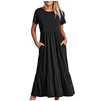 Womens Summer Dresess 2024 Trendy Mid-Calf Length Dress Flowy Sundress Ruffle T Shirt Dresses for Women with Pocket