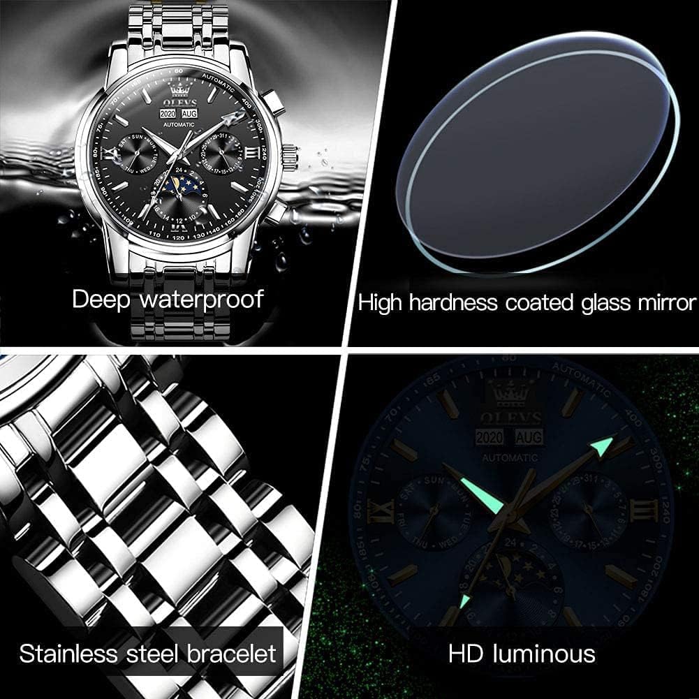 OLEVS Herren-Armbanduhr, automatisch, mechanisch, Tourbillon, selbstaufziehend, luxuriös, Edelstahl, wasserdicht, leuchtend, Datumsanzeige