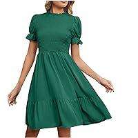 Women Frill Trim Stand Collar Puff Short Sleeve A-Line Dress Summer Smocked Ruffle Hem Casual Trendy Solid Mid Dress