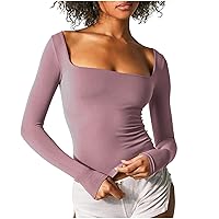 Women's Sexy Long Sleeve Crop Tops Square Neck Bodycon Basic T-Shirts Trendy Slim Fit Solid Underwear Cropped Top