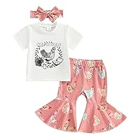 Gueuusu Toddler Baby Girl Summer Clothes Local Egg Dealer Chicken T-shirt Chic Flare Pants Headband 3Pcs Set Farm Baby Outfit