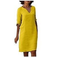 Mini Winter Short Sleeve Dresses Womens Pretty Office Printed Cotton Dress Lightweight V Neck with Pockets Yellow L