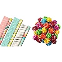 Hallmark Reversible Wrapping Paper (3 Rolls: 75 Sq. Ft. Ttl) Floral, Lemons, Bright Abstract for Birthdays, Easter, Mother's Day, Bridal Showers, Baby Showers Bright Gift Bow Assortment (36 Bows)