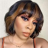 Brown Highlights Short Wavy Bob Human Hair Wig with Bangs 1B 30 Color Short Body Wave HD Transparent 13X4 Glueless Lace Front Human Hair Wigs Wear And Go Wig with Bleached Knots 150 Density 8