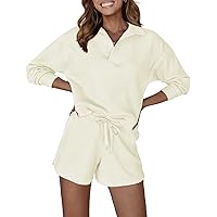MEROKEETY Women's 2 Piece Waffle Knit Lounge Sets Long Sleeve Shorts Outfits Pjs with Pockets