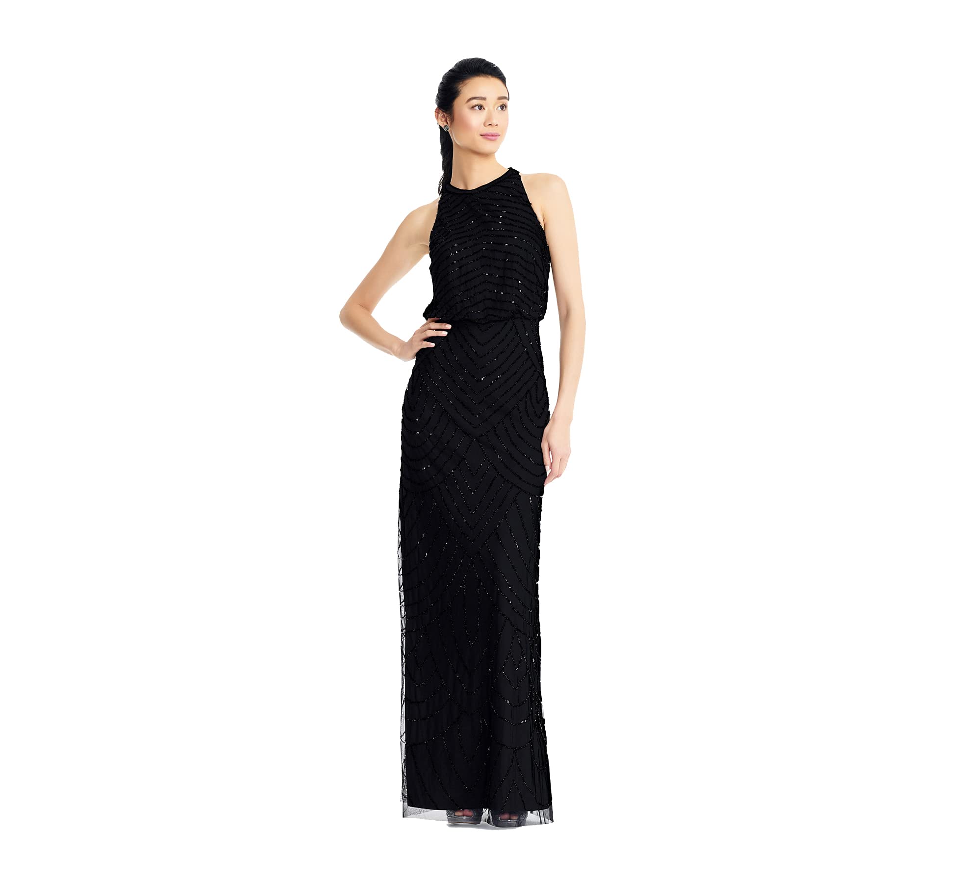 Adrianna Papell Women's Halter Art Deco Beaded Blouson Dress