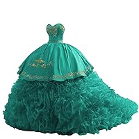 Gold Patterned Embroidery Ball Gown Ruffle Sweetheart Quinceanera Dresses Satin Prom Cocktail