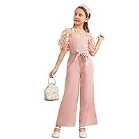 WDIRARA Girl's Appliques Round Neck Sheer Mesh Puff Sleeve Belted Wide Leg Jumpsuit Pants