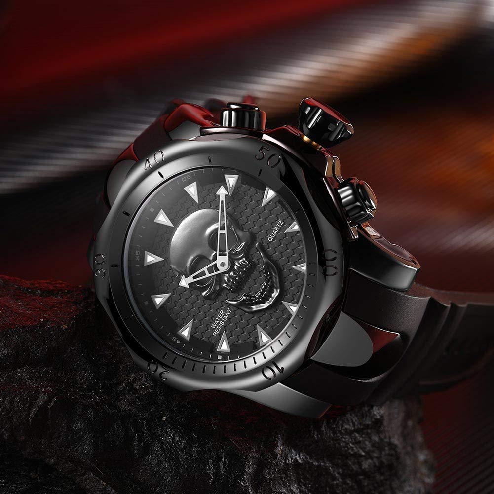 All Black Mens Watch Stainless Steel Analog Wristwatches Skull 3D Ghost Large Cool Dial Designer Watches