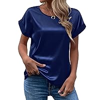 Women's Pullover Blouses Crewneck Roll Up Short Sleeve Tunic Tops Elegant Satin Silk Solid Color Shirts