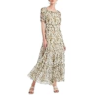 Womens 2024 Spring Green Floral Dress 100% Silk Flowy Puff Sleeve Tiered Maxi Dresses with Belt Beach Wedding Guest