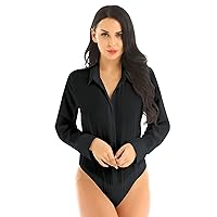 FEESHOW Women One-Piece Turn-down Collar Long Sleeve Button Down Easy Care Work Bodysuit Shirt