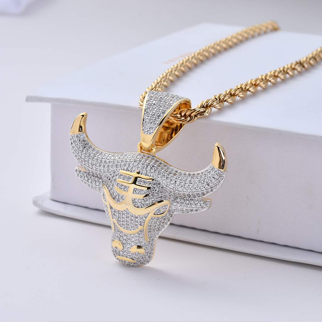 KMASAL Jewelry Men Hip Hop Iced Out Bling CZ Diamond Vampire Mask & Bull Pendant 18K Gold and Silver Plated with 24 Inch Rope Chain