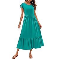 Sundress for Women Summer Flutter Short Sleeve Maxi Dress Casual Round Neck Ruffle Flowy Vacation Party Dresses