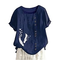 Summer Tops for Women Lightweihgt Cotton Linen Blouses Loose Fit Square Neck T Shirts Feather Printed Casual Shirts