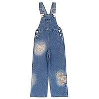 Peacolate 5-14years Little Big Girls Butterfly Embroidery Blue Denim Overalls