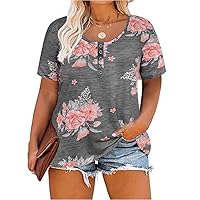 RITERA Plus Size Tops for Women Grey Floral Shirts Summer Short Sleeve Tunic Oversized Blouse Henley Shirt Xl-5Xl