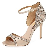 XYD Women's Sandals, Chic Peep Toe, D'Orsay Low High Heels, Rhinestone Studs, Ankle Strap Satin Shoes for Wedding Ballroom