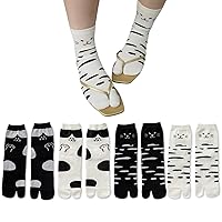 4 Pairs Women's Cute Cat Flip Flop Socks, Animal Two Toe Tabi Sandal Crew Socks, Casual Cozy Sleep Cotton Sock