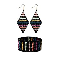 INK + ALLOY Beaded Boho Jewelry Bundle- Frida Drop Earrings and Kenzie Stretch Bracelet Set (Black Rainbow Stripes)