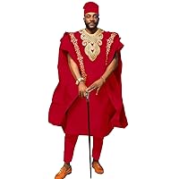 African Men`s Clothing Embroidery Agbada Shirts Pants and Hats 4 Piece Set Garments for Wedding Evening
