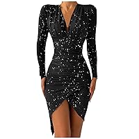 Women Sexy Sequin Dresses Long Sleeve Sparkly Glitter Ruched Bodycon Dress Party Night Out Club Dresses
