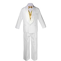 7pc Boys White Satin Shawl Lapel Suits Tuxedo Extra Gold Bow Tie & Vest Set