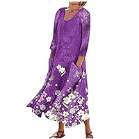 Summer Dresses for Women 2024 Curved Floral Beautiful 3/4 Sleeve Crew Neck Cotton Linen Summer Dresses for Women 2024