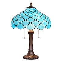 Tiffany Table Lamp Sea Blue Beads Style Stained Glass Table Lamp 16X16X24 Inches Vintage Style Desk Reading Light Decor for Bedroom Living Room Home Office
