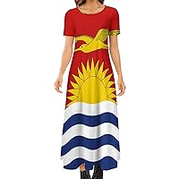 Kiribati Flag Women's Summer Casual Short Sleeve Maxi Dress Crew Neck Printed Long Dresses