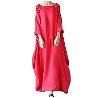 Plus Size Cotton Linen Dress for Women Long Sleeve Plain Loose Fit Beach Dress Round Neck Kaftan Dresses with Pocket