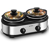 Sunvivi Dual Pot Slow Cooker, 2 Pot Small Mini Crock Buffet Server and Warmer, Upgraded Oval Ceramic Double Pot Buffet Food Warmer Adjustable Temp Glass Lid, Total 2.5 Quarts