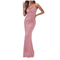 Women's Sexy V Neck Spaghetti Strap Bodycon Sequin Evening Gown Cocktail Club Party Dress Mermaid Prom Maxi Dresses