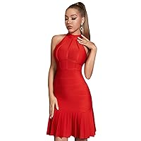 Exclusive Unique Women Evening Gown Dress Red O-Neck Sleeveless Pleated Sexy Bandage Party Club Bodycon Dress