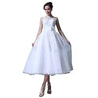 White Tea Length Organza Bateau Wedding Dress With Beaded Lace Top