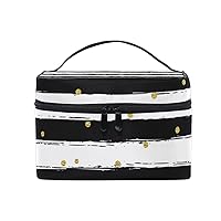 Cosmetic Bag Black And White Stripes With Gold Dot Print Women Makeup Case Travel Storage Organizer